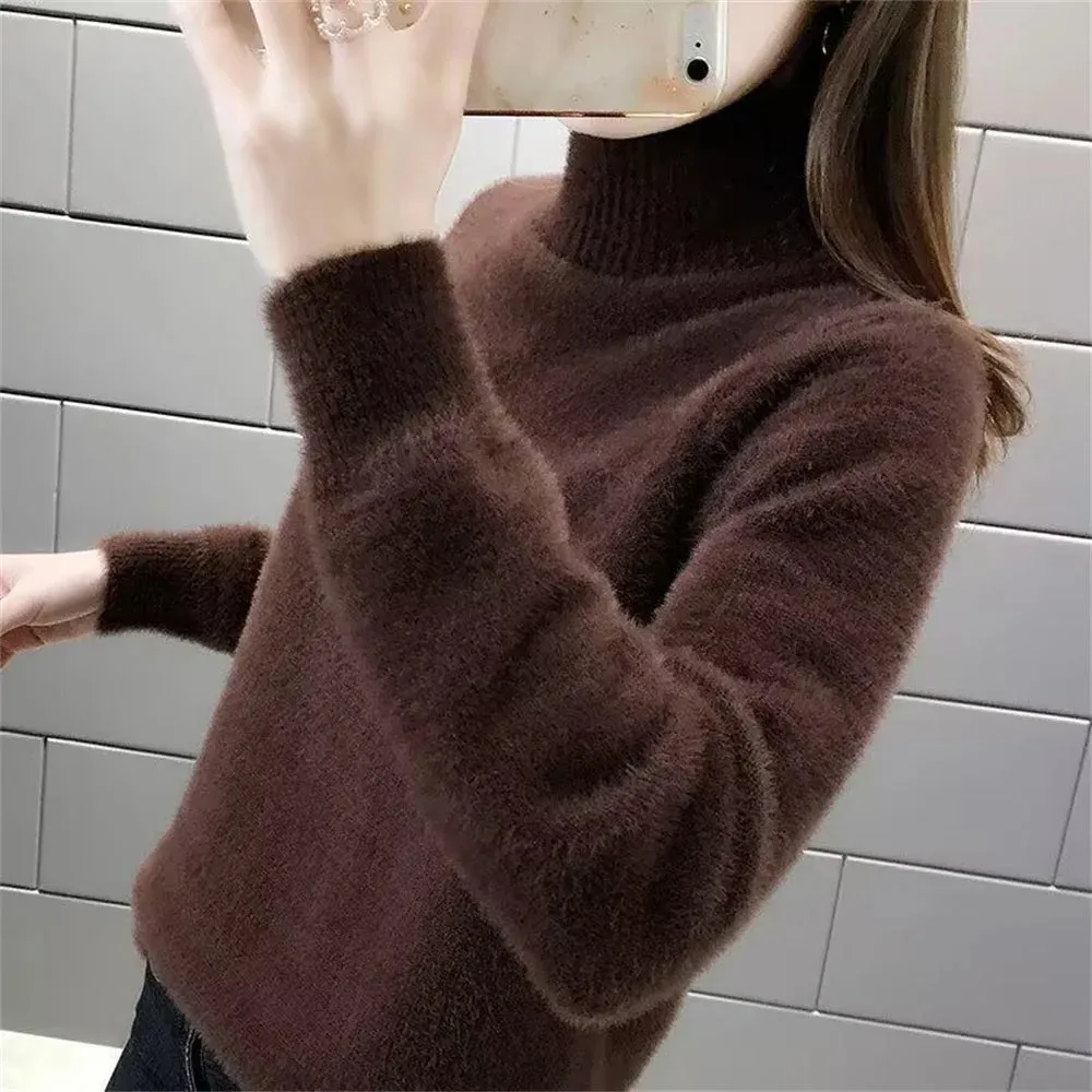 2024 Korean Fashion Autumn Winter Imitate Mink Wool Female Casual Sweater O-neck Long Solid Women Knitted Tops Elastic Pullovers