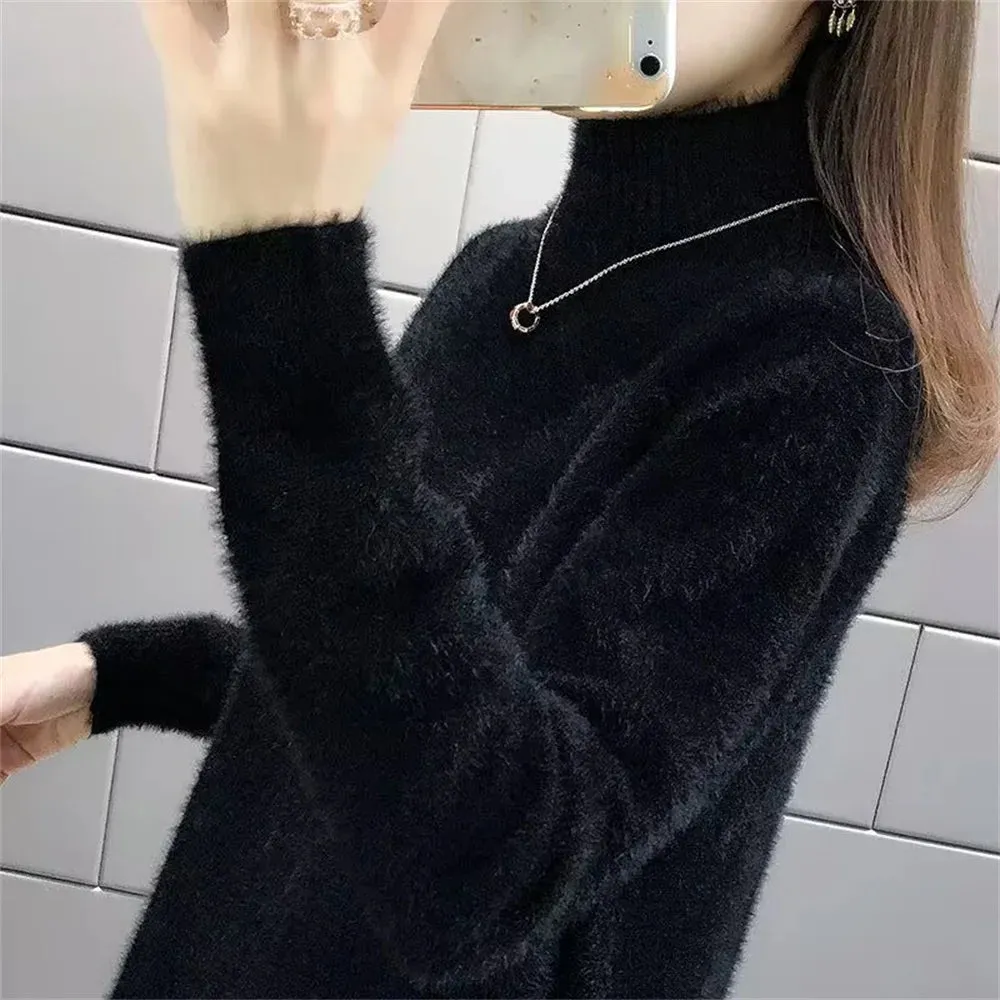 2024 Korean Fashion Autumn Winter Imitate Mink Wool Female Casual Sweater O-neck Long Solid Women Knitted Tops Elastic Pullovers