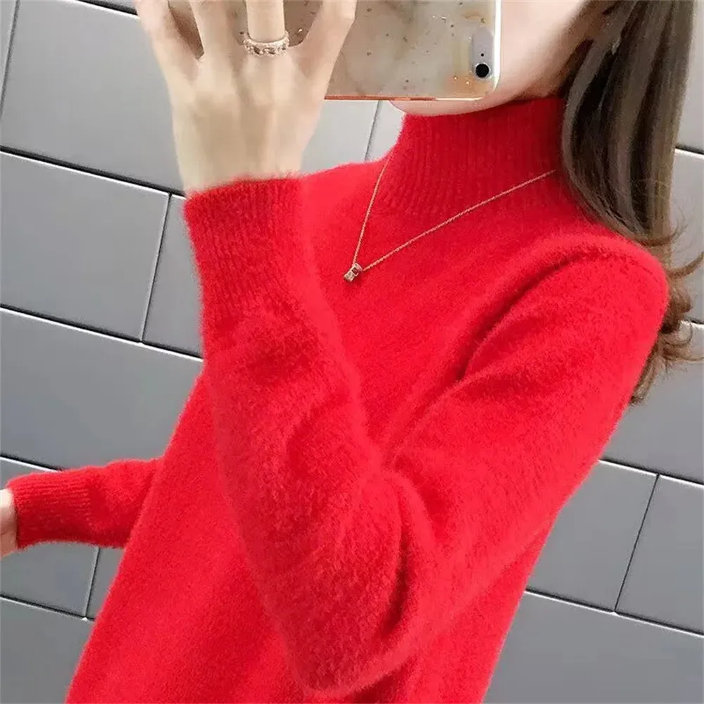 2024 Korean Fashion Autumn Winter Imitate Mink Wool Female Casual Sweater O-neck Long Solid Women Knitted Tops Elastic Pullovers