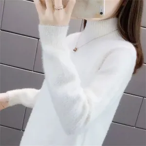 2024 Korean Fashion Autumn Winter Imitate Mink Wool Female Casual Sweater O-neck Long Solid Women Knitted Tops Elastic Pullovers