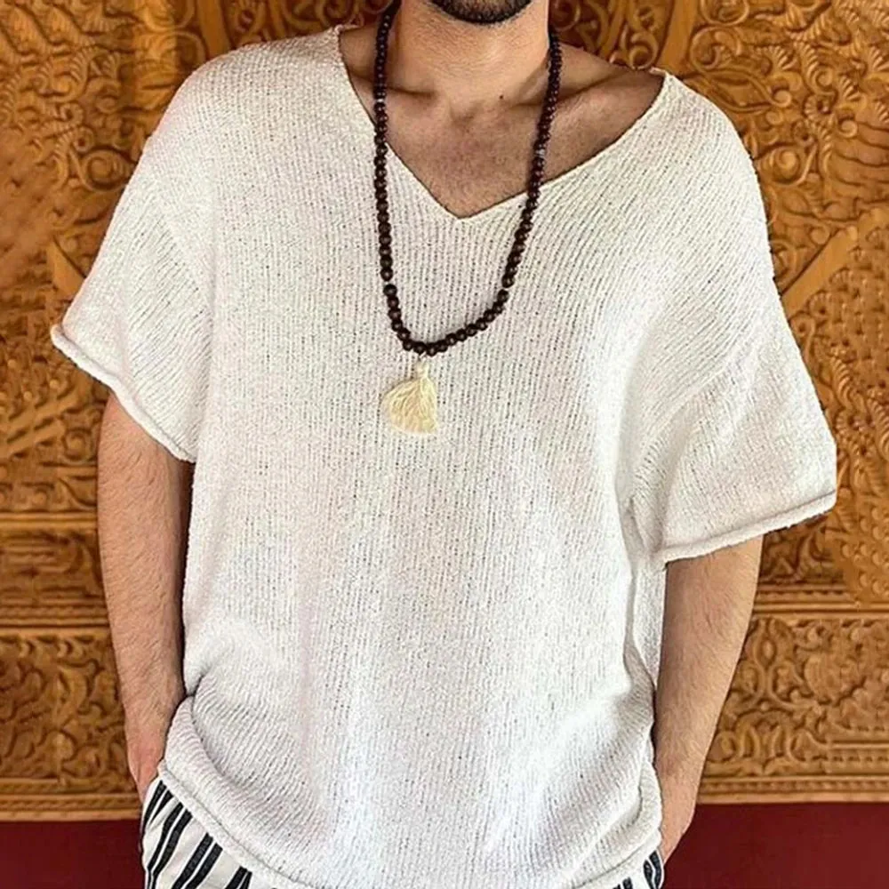 Aidase Mens Hollow Casual Knitted Tops Genderless 2024 Summer New Fashion Vacation White Loose Breathable Short Sleeve T-Shirt Unisex