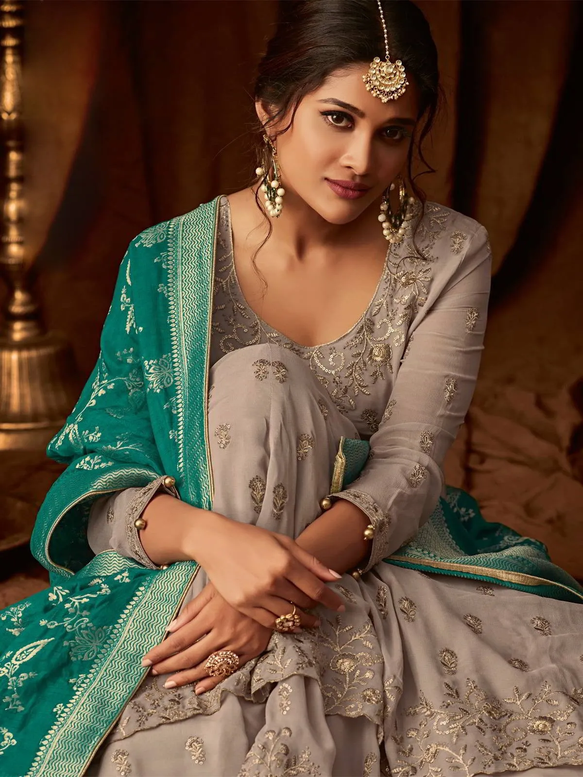 Beige And Mint Embroidered Wedding Anarkali Lehenga Suit