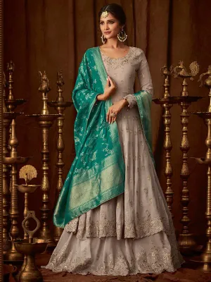 Beige And Mint Embroidered Wedding Anarkali Lehenga Suit