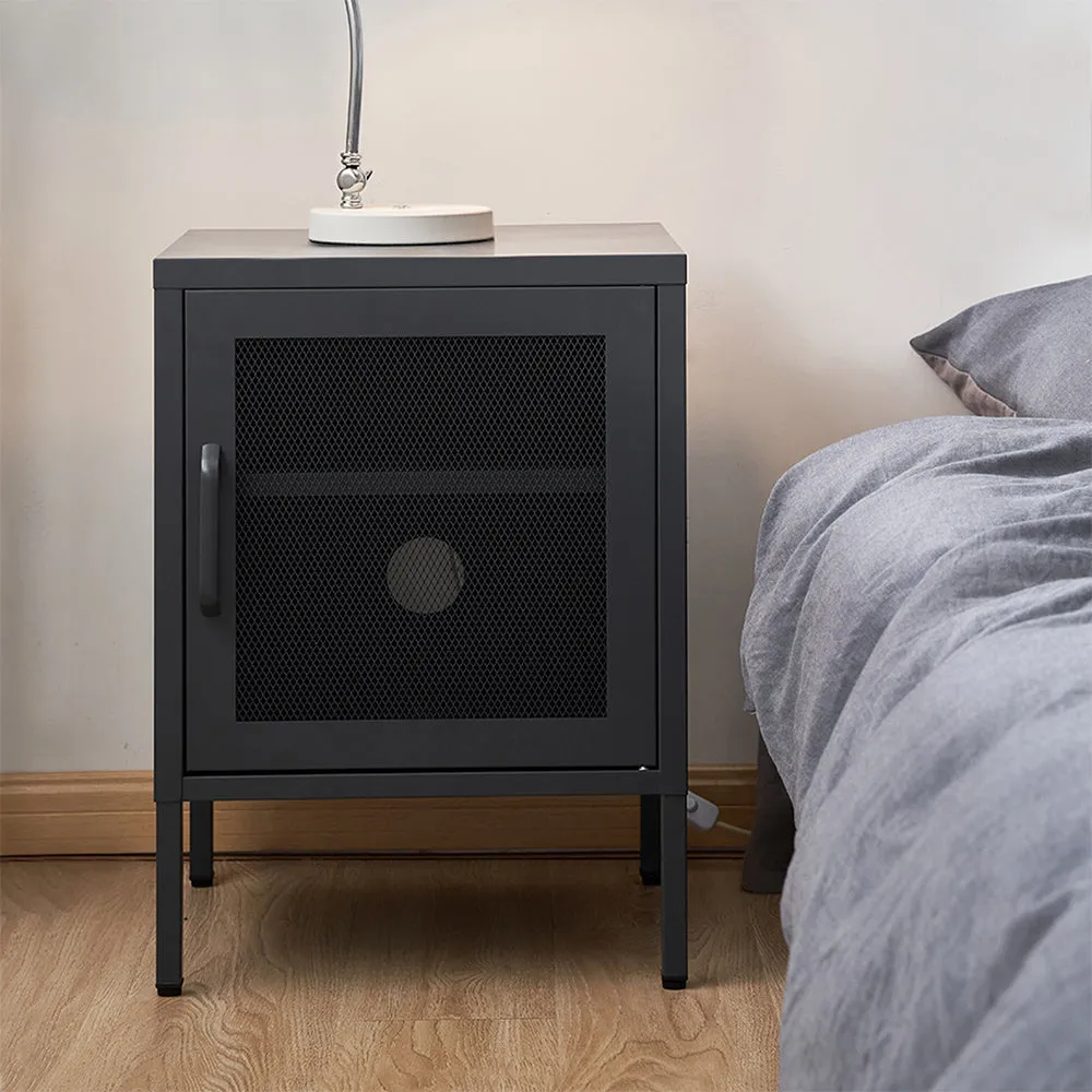 Black Metal Bedside Table with Mesh Door, Adjustable Shelf - ArtissIn