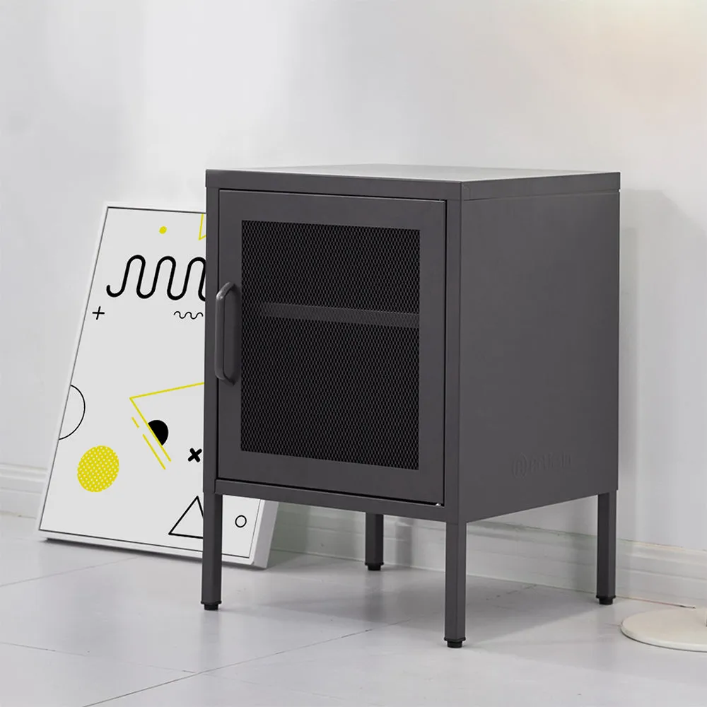 Black Metal Bedside Table with Mesh Door, Adjustable Shelf - ArtissIn