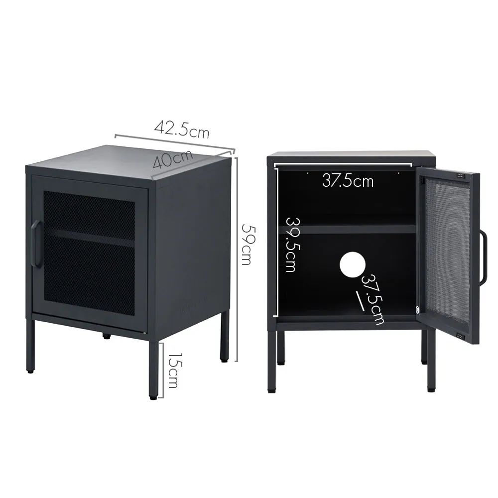 Black Metal Bedside Table with Mesh Door, Adjustable Shelf - ArtissIn