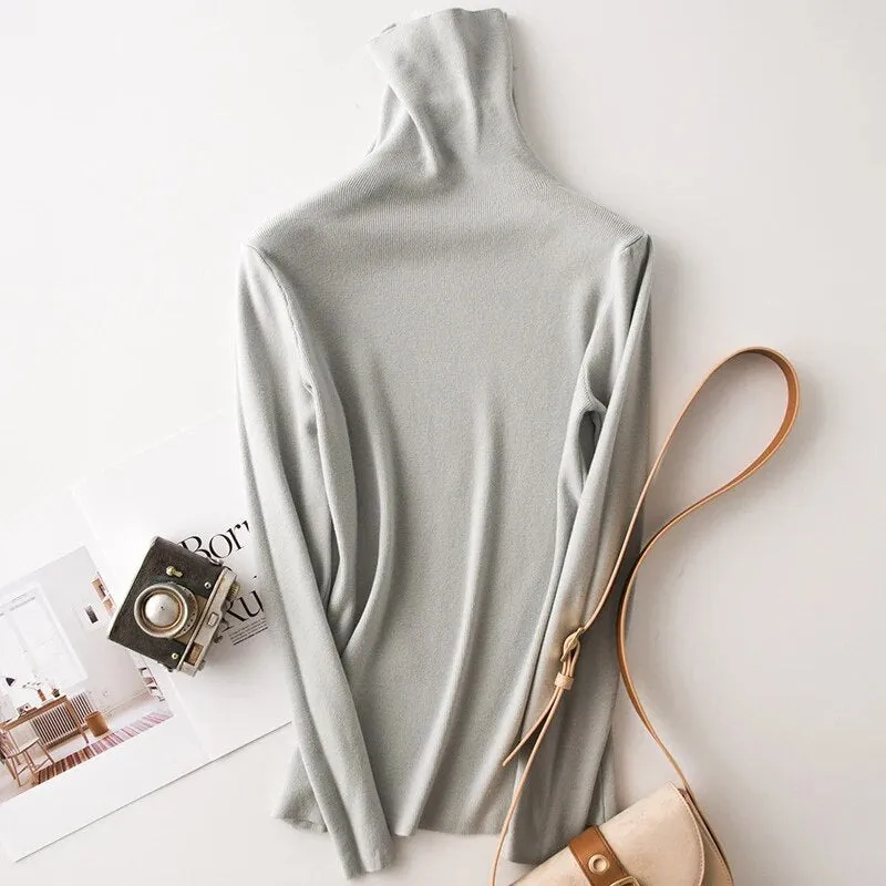 Black Pullovers For Women Turtleneck Long Sleeve Solid Minimalist Slim Knitwear Female Fashion Fall