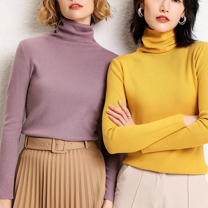 Black Pullovers For Women Turtleneck Long Sleeve Solid Minimalist Slim Knitwear Female Fashion Fall