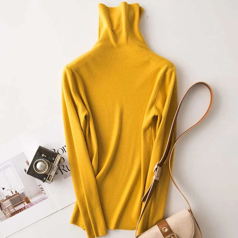 Black Pullovers For Women Turtleneck Long Sleeve Solid Minimalist Slim Knitwear Female Fashion Fall