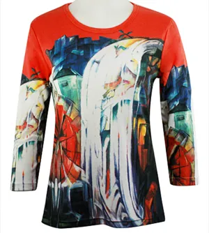 Breeke - Waterfall, Scoop Neck, Hand Silk Screened 3/4 Sleeve Artistic Top