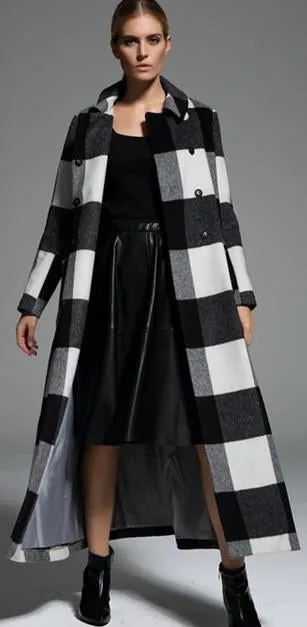 Check Pattern Long Wool Coat in Black & White