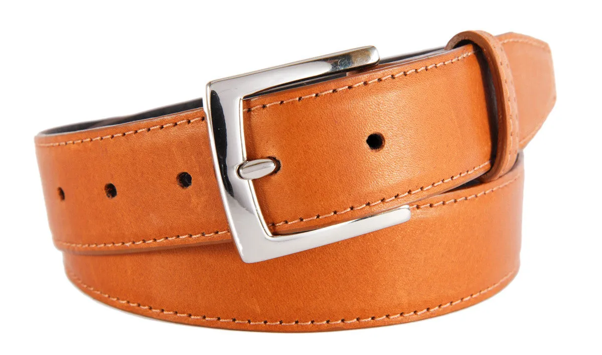 Cognac Smooth Leather Belt, Signature Buckle (Shiny Silver)