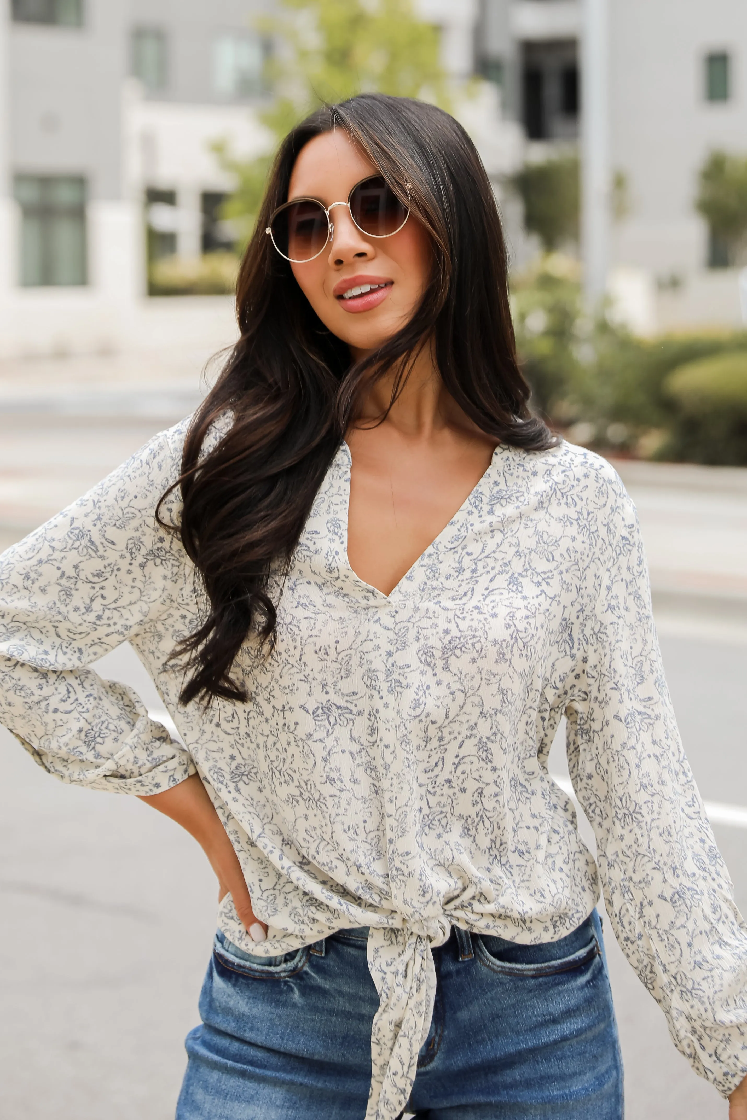 FINAL SALE - Decadently Sweet Cream Floral Tie-Front Blouse