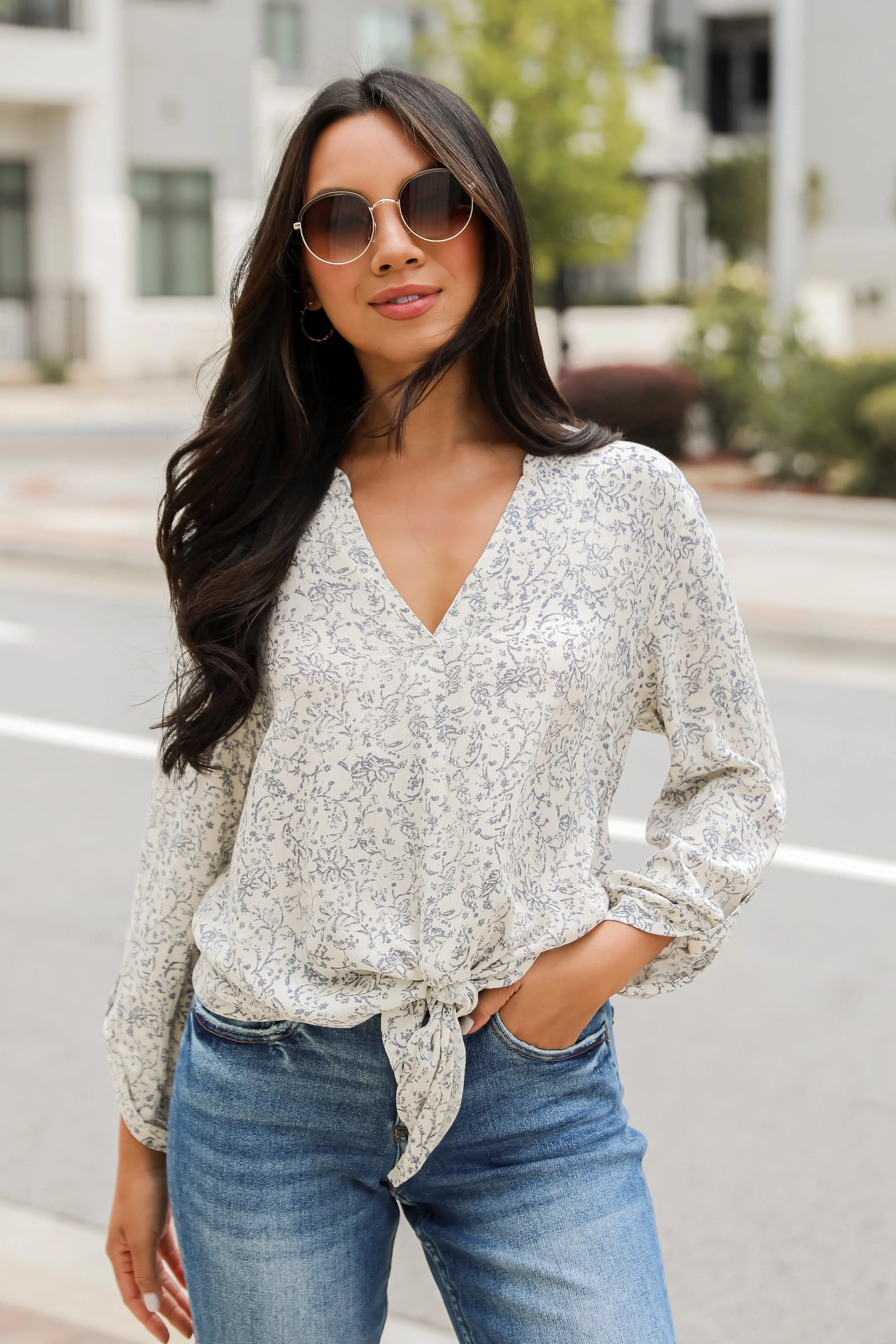 FINAL SALE - Decadently Sweet Cream Floral Tie-Front Blouse