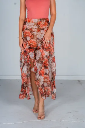 Floral Print Chiffon Ruffle Maxi Skirt