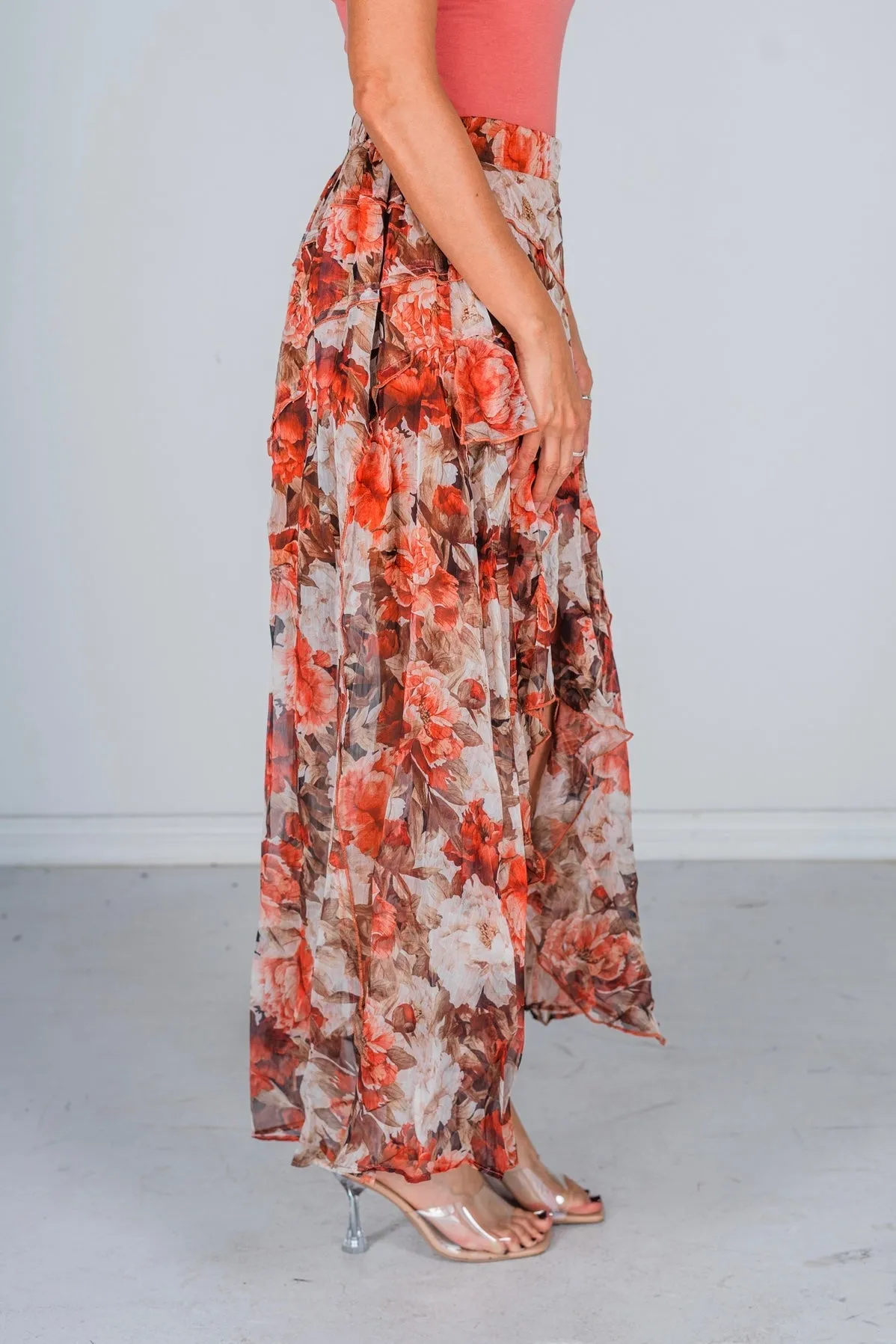 Floral Print Chiffon Ruffle Maxi Skirt