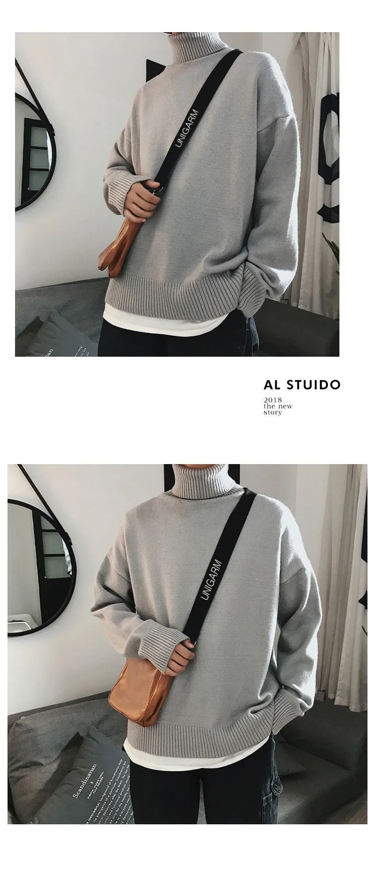 Jinquedai Men Oversized Turtleneck Sweaters Winter Korean Fashions Pullover Harajuku Black Knitwear