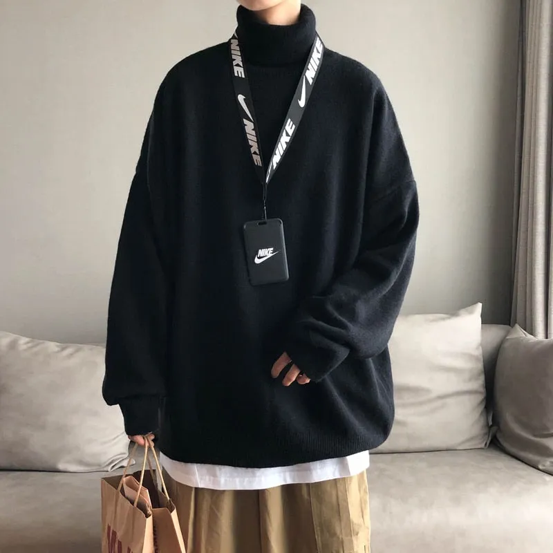 Jinquedai Men Oversized Turtleneck Sweaters Winter Korean Fashions Pullover Harajuku Black Knitwear