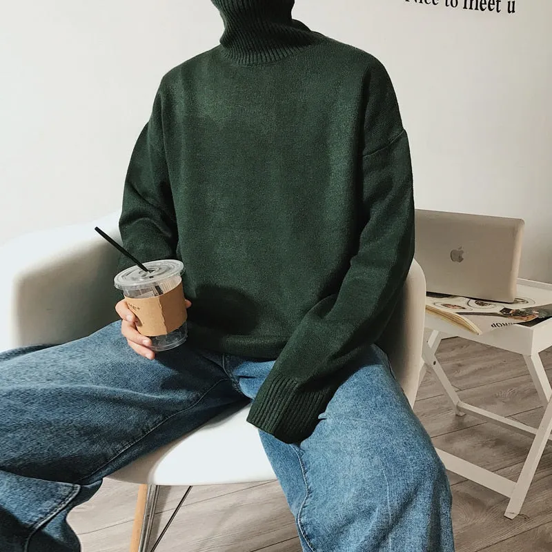 Jinquedai Men Oversized Turtleneck Sweaters Winter Korean Fashions Pullover Harajuku Black Knitwear