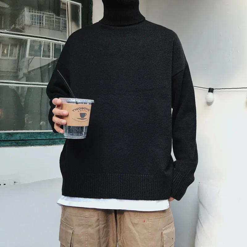 Jinquedai Men Oversized Turtleneck Sweaters Winter Korean Fashions Pullover Harajuku Black Knitwear