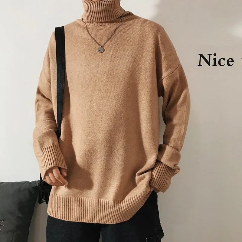 Jinquedai Men Oversized Turtleneck Sweaters Winter Korean Fashions Pullover Harajuku Black Knitwear