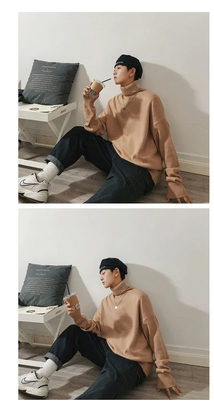 Jinquedai Men Oversized Turtleneck Sweaters Winter Korean Fashions Pullover Harajuku Black Knitwear