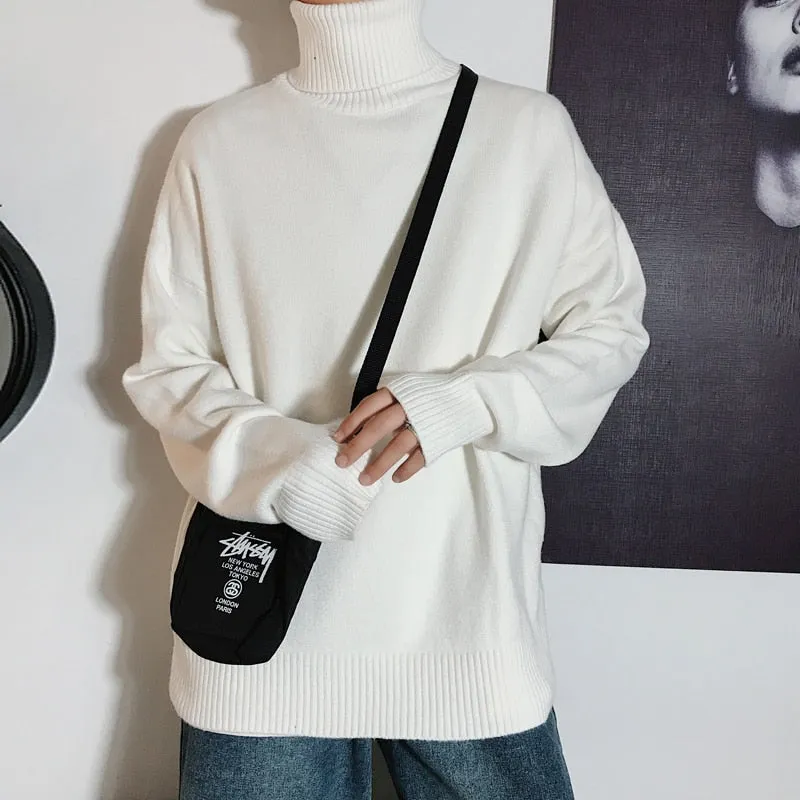 Jinquedai Men Oversized Turtleneck Sweaters Winter Korean Fashions Pullover Harajuku Black Knitwear