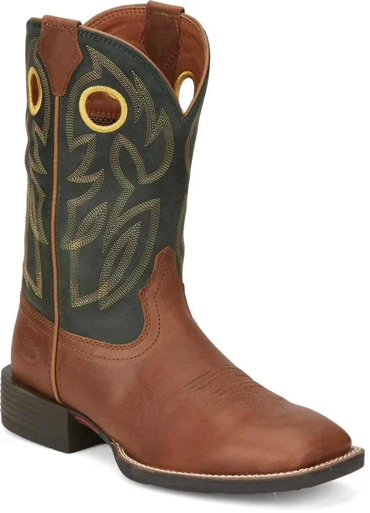 Justin Bowline Men's Whiskey Cowhide Broad Square Toe Boots with Green Tops