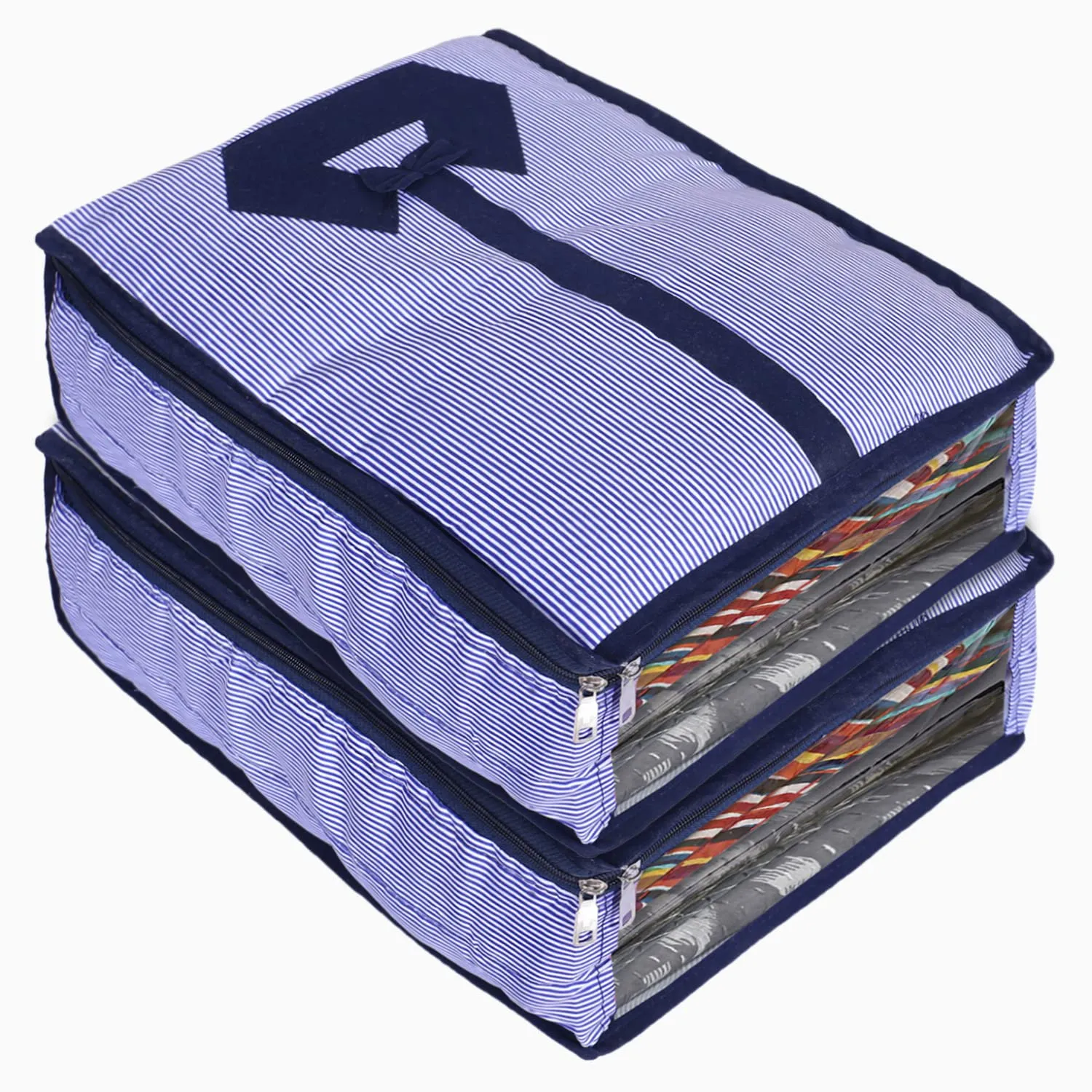 Kuber Industries Lining Print Cotton Shirt Cover/Clothing Organizer/Wardrobe Organizer With Window For Home, Traveling Pack of 2 (Blue)