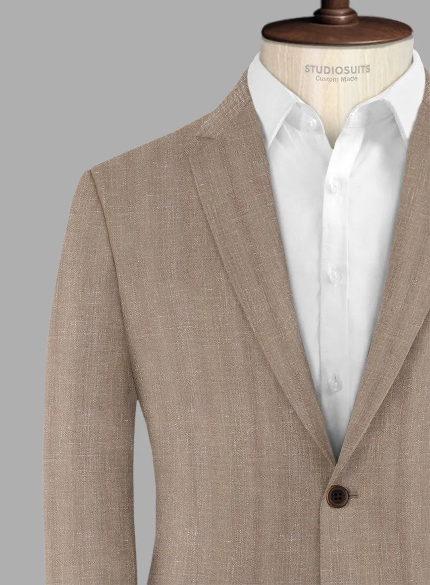 London Loom Brown Herringbone Wool Silk Linen Suit