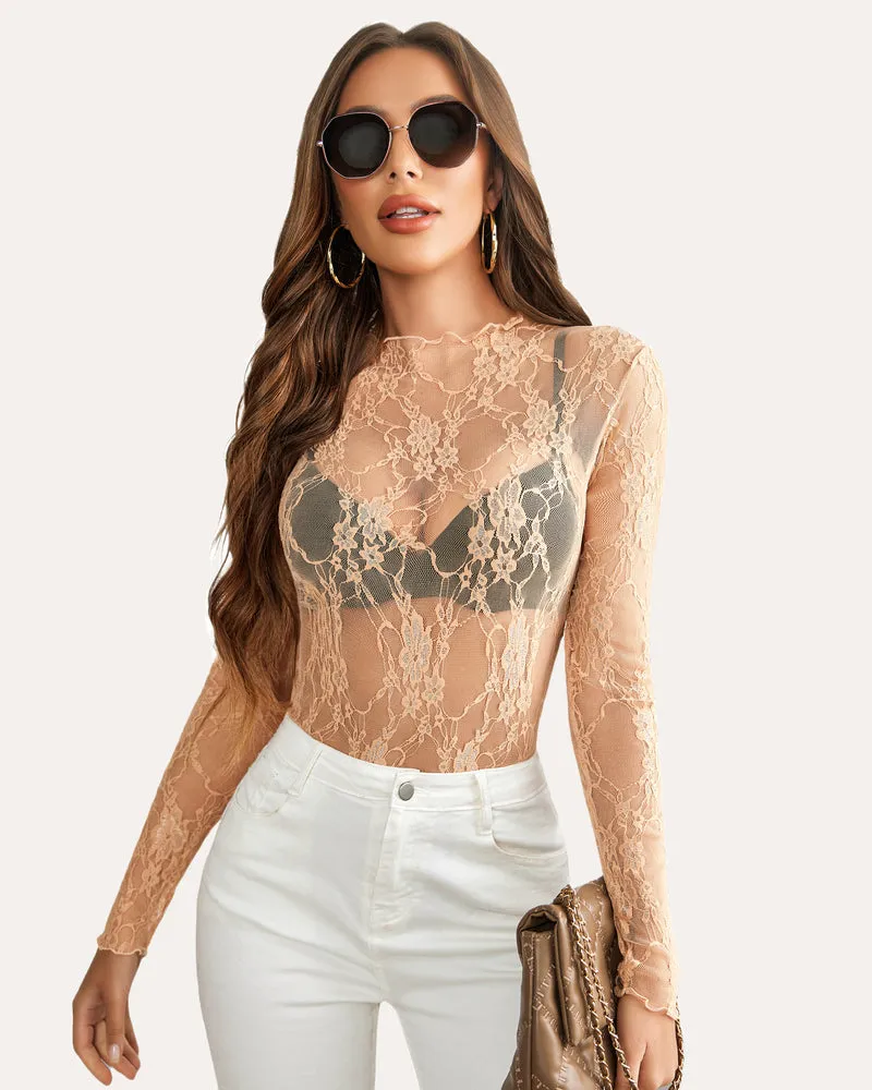 Long Sleeve Floral Lace Sheer Blouse