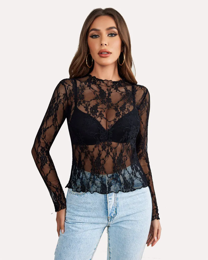 Long Sleeve Floral Lace Sheer Blouse