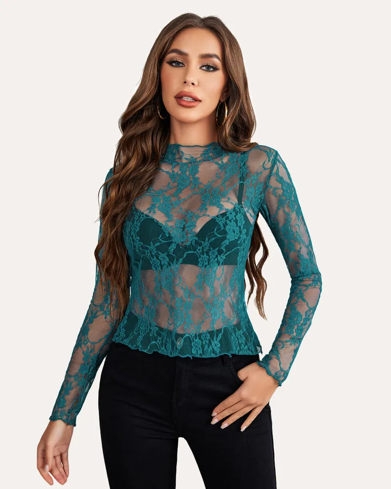 Long Sleeve Floral Lace Sheer Blouse