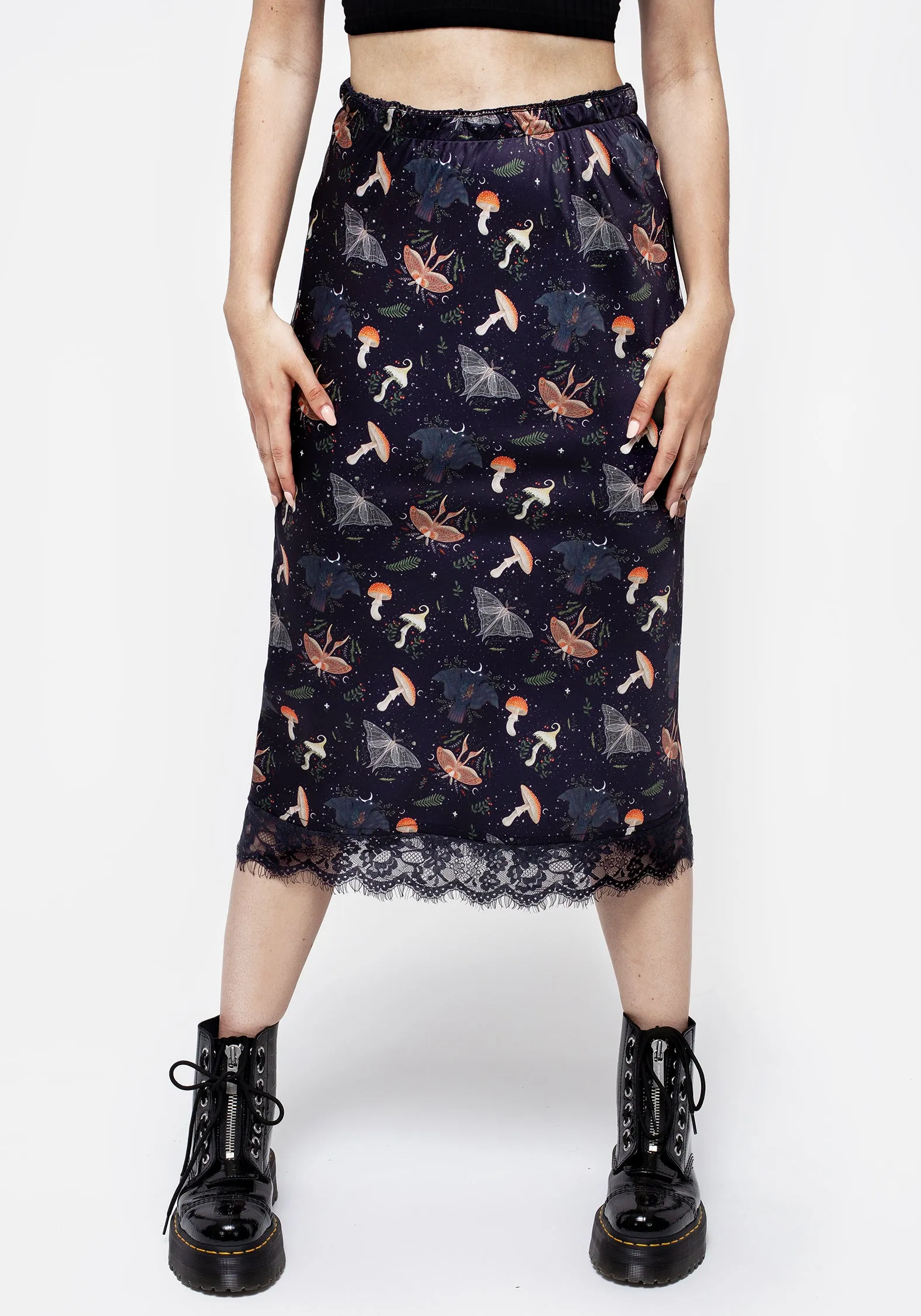 Medeina Print Lace Trim Satin Midi Skirt