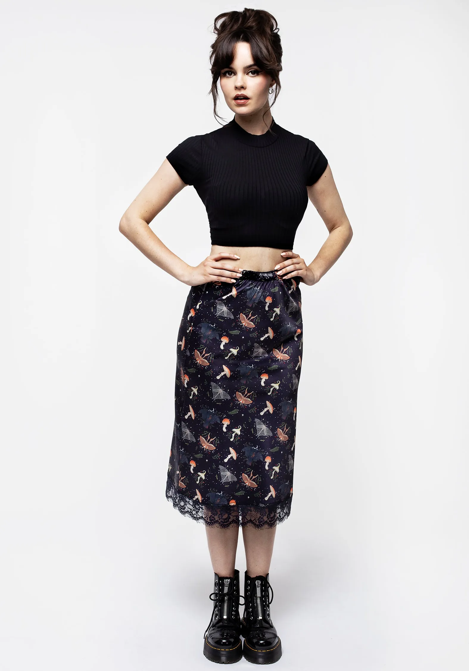 Medeina Print Lace Trim Satin Midi Skirt