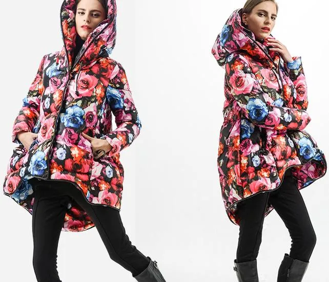 Multicolored Flared Floral Print Hooded Short Down Coat