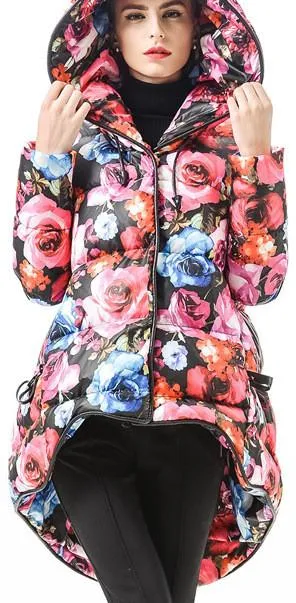 Multicolored Flared Floral Print Hooded Short Down Coat