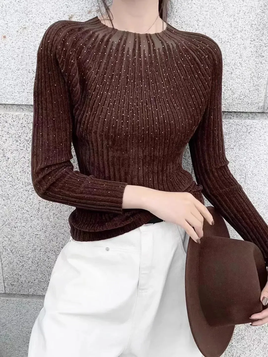 New Year European Clothes Red Velvet Sweater Women Turtleneck Rhinestone Slim Knit Top Long Sleeve Pullovers C-298