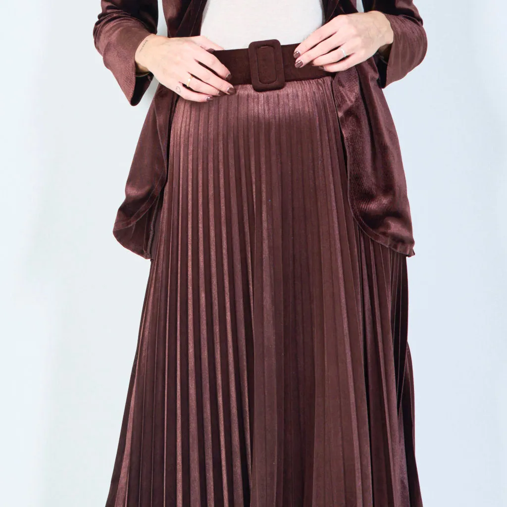 Pleated midi velvet skirt with belt wholesale