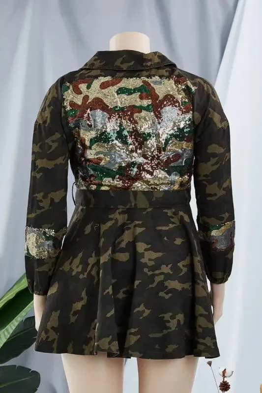 Plus Size Sequin Embellished Belted Camo Jacket