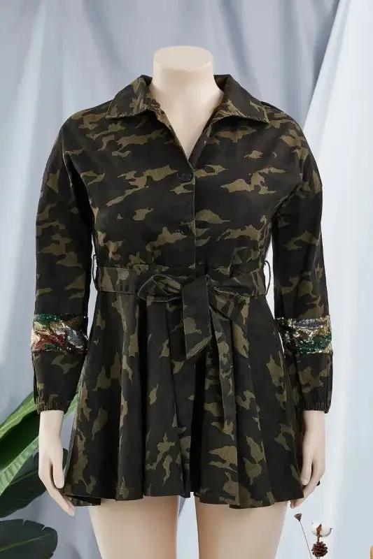 Plus Size Sequin Embellished Belted Camo Jacket