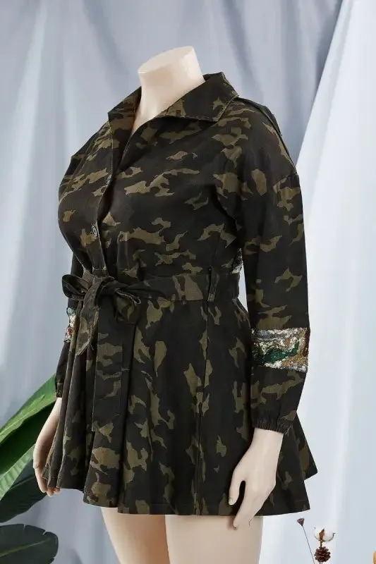 Plus Size Sequin Embellished Belted Camo Jacket