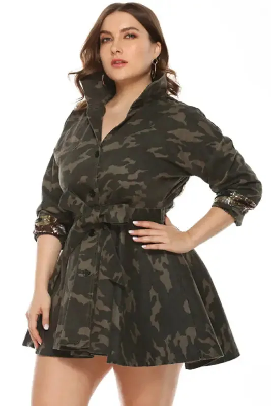 Plus Size Sequin Embellished Belted Camo Jacket