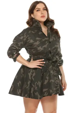 Plus Size Sequin Embellished Belted Camo Jacket