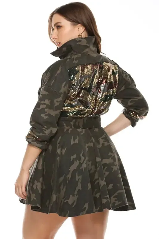 Plus Size Sequin Embellished Belted Camo Jacket