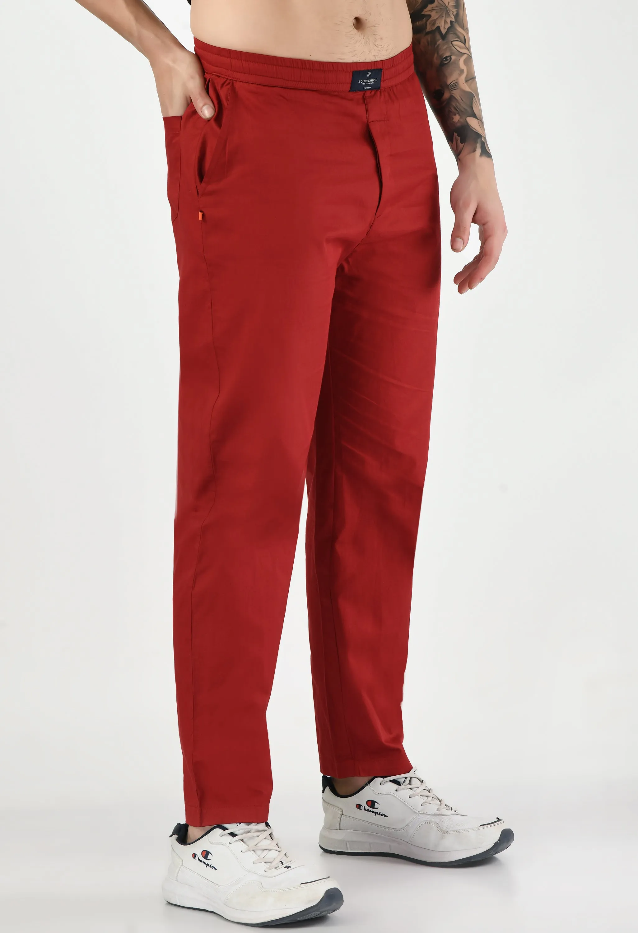 Red Plain Relaxed Fit Casual Trouser