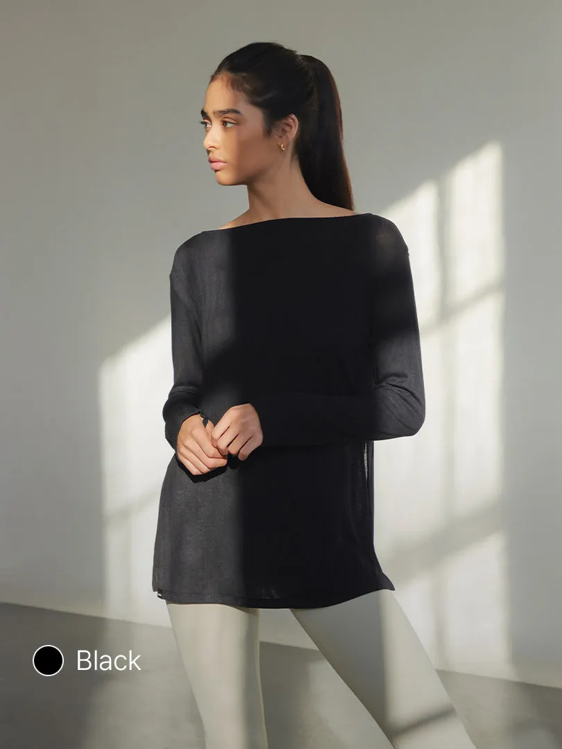 Ribbed Side Slit Long Sleeve