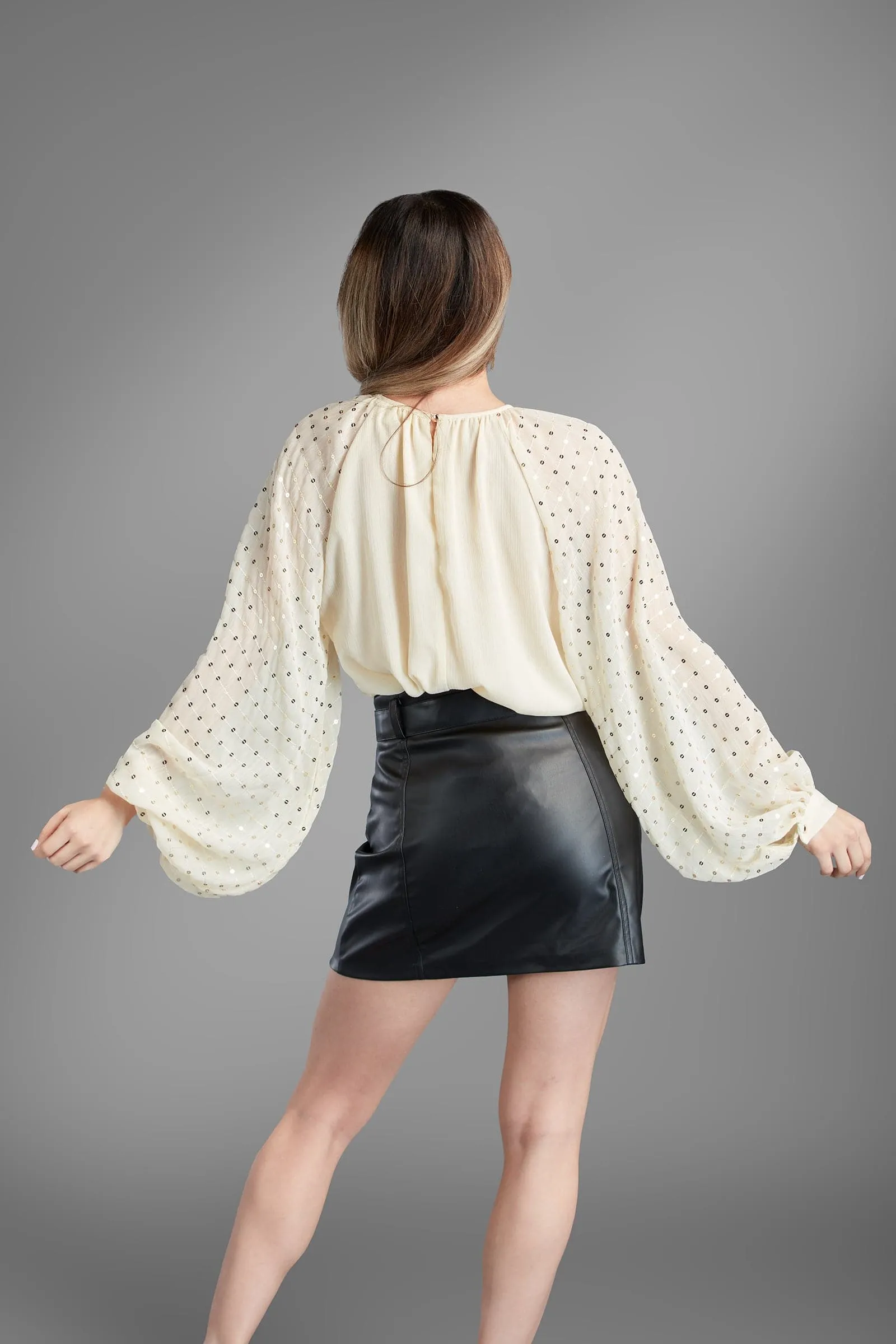 Sasha Beige Top with Gold Sequin Balloon Sleeve