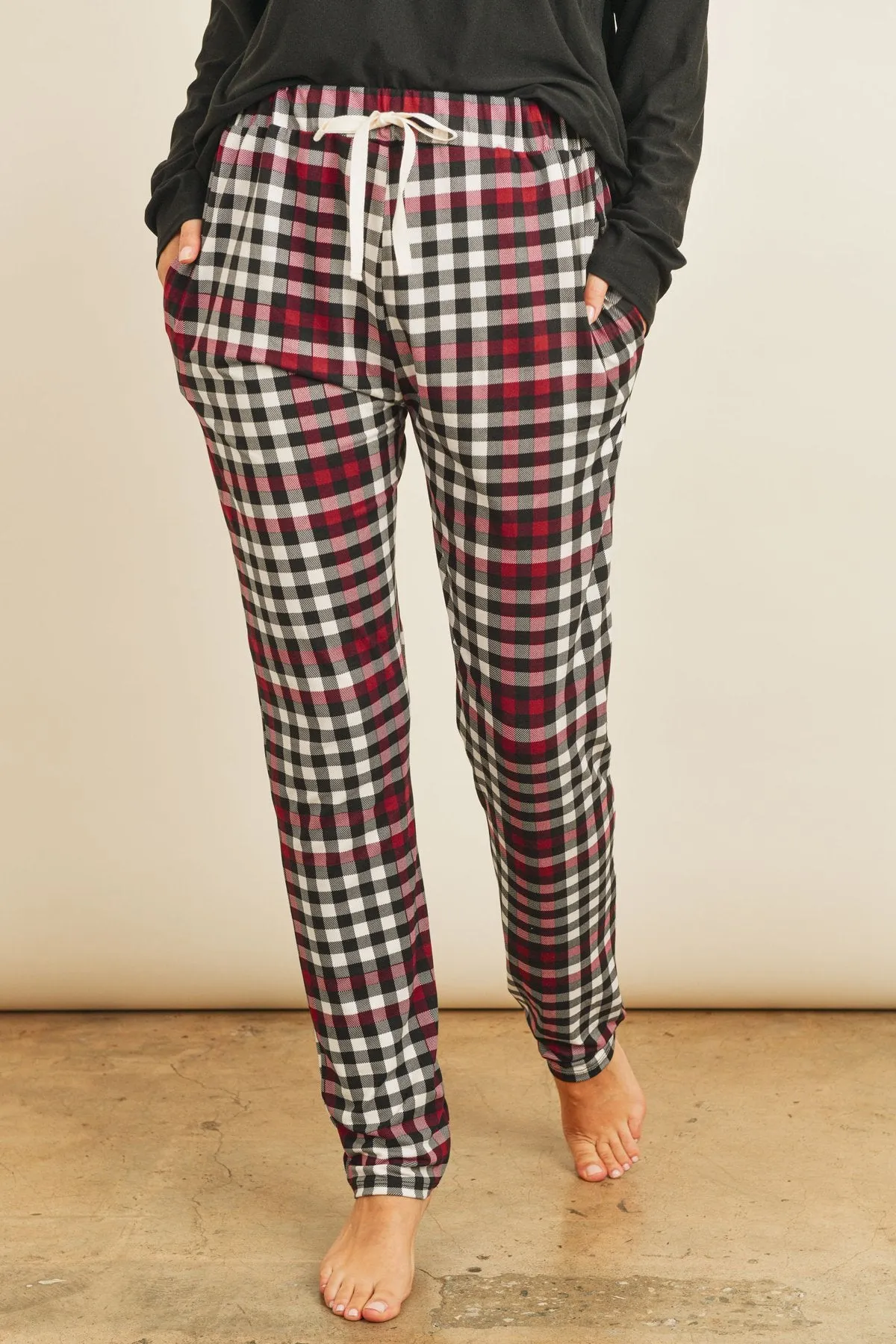 Solid Top Plaid Pocket and Joggers Set With Self Tie