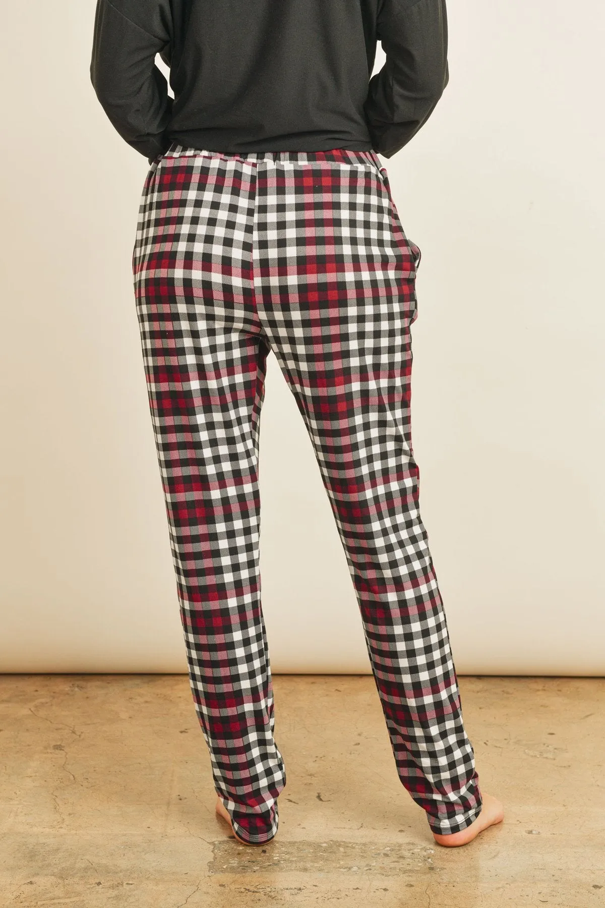 Solid Top Plaid Pocket and Joggers Set With Self Tie